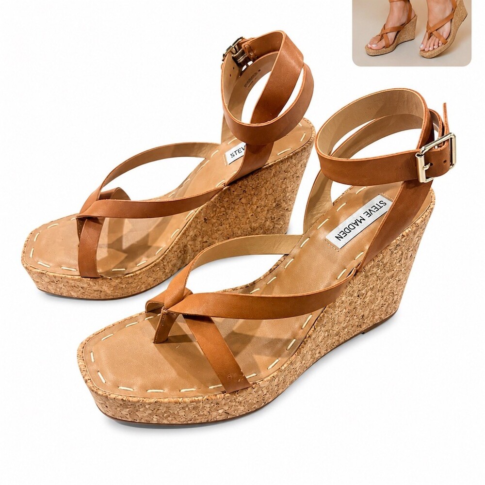 Steve Madden Sandals Womens Size 10 Tan Cork Wedge Thong Ankle Strap cute preppy